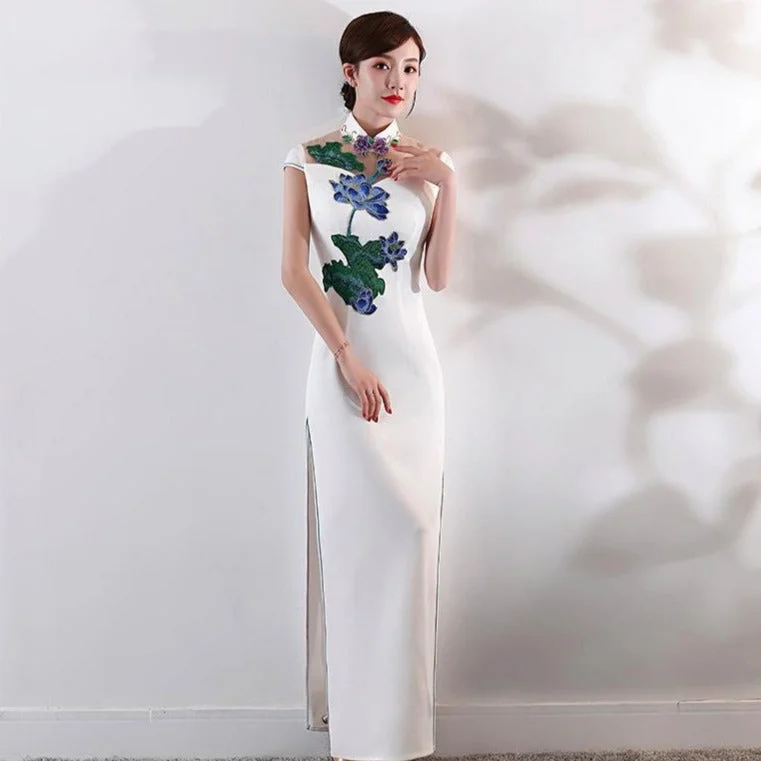 Lotus Embroidery Appliques Illusion Neck Cheongsam Evening Dress