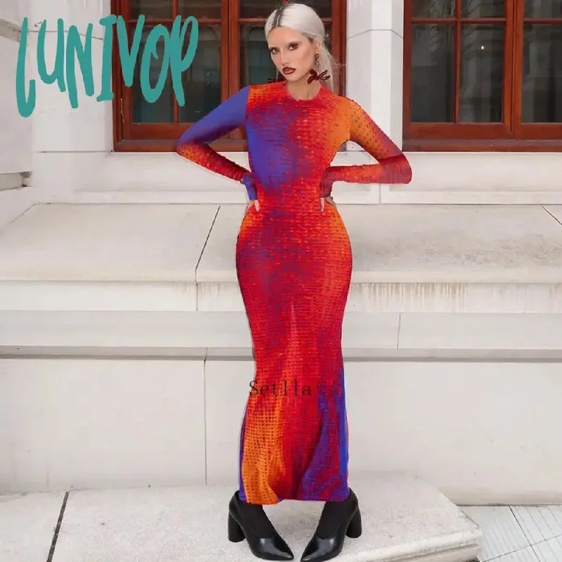 Lunivop Fashion Print O Neck Long Sleeve Bodycon Maxi Dress Autumn Winter Women Skinny Y2K Long Dresses Streetwear  Club Sexy Dress