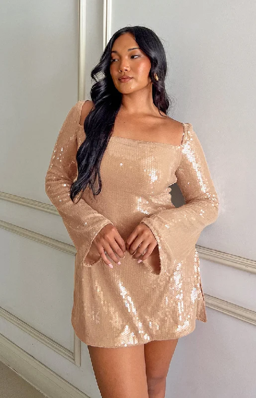 Marienne Champagne Sequin Long Sleeve Mini Dress