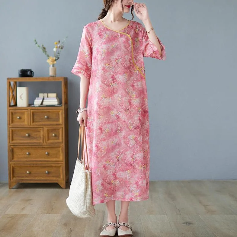 Round Neck Ruffle Sleeve Floral Ramie Fabric Chinese Style Casual Dress