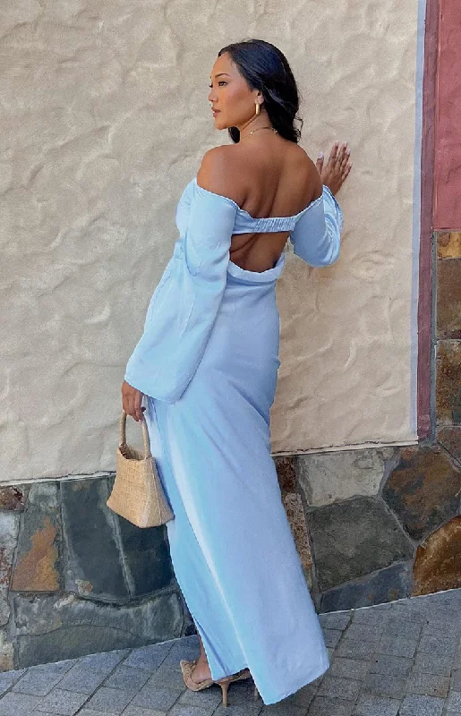 Shae Blue Satin Long Sleeve Maxi Dress