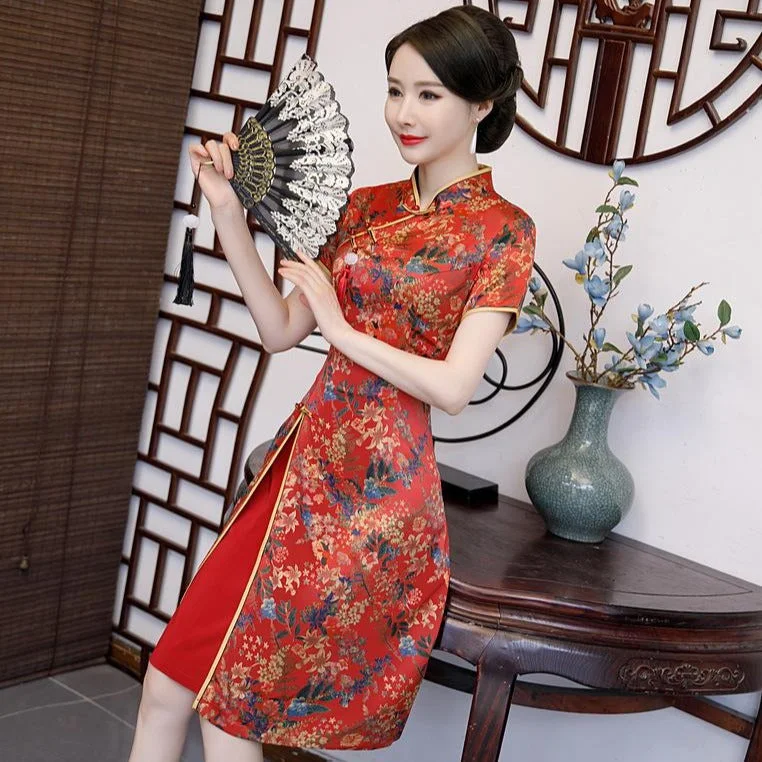 Short Sleeve Cheongsam Top Knee Length Floral Ao Dai Dress