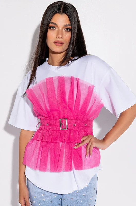 HERE COMES TROUBLE TULLE DETAIL BELTED T SHIRT