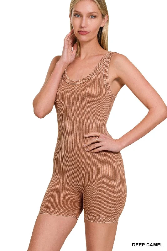 Zenana Stone Washed Ribbed Seamless Sport Romper NPW-6370 Deep Camel