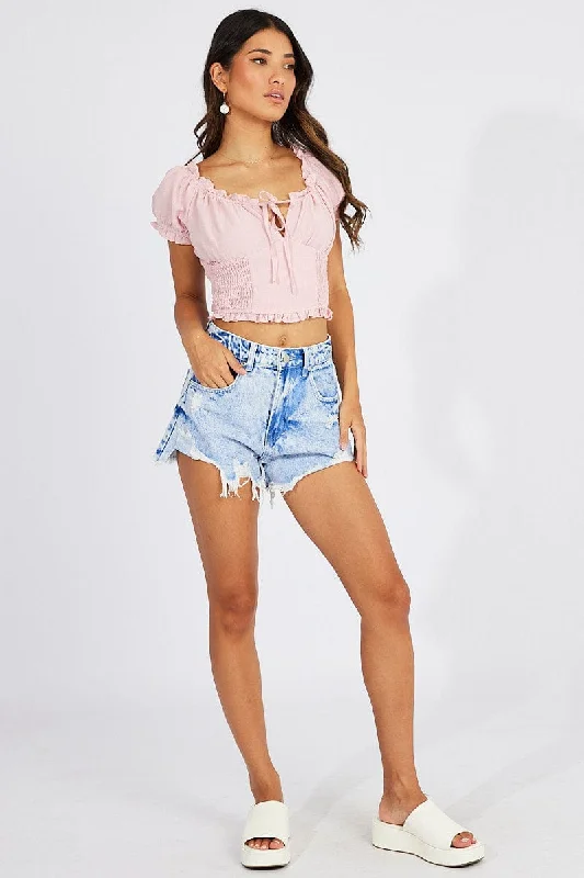 Blue Ripped Denim Shorts High Rise