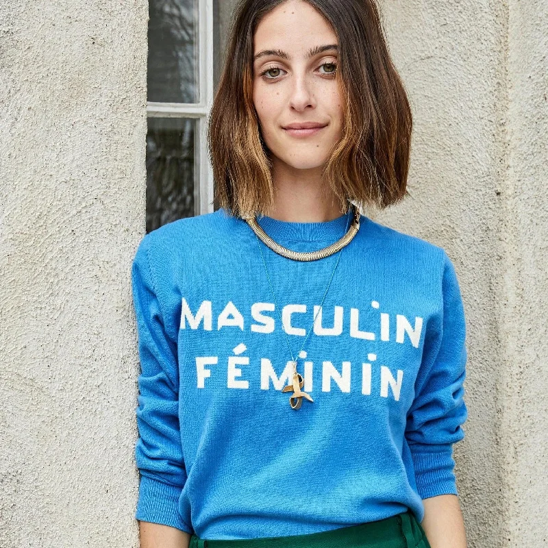 ""Masculin Féminin"" Knit Sweatshirt (Blue)