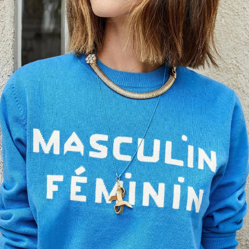 ""Masculin Féminin"" Knit Sweatshirt (Blue)