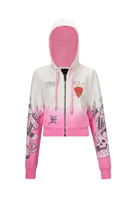 Womens Nyc-Heart Cropped Zip Through Hoodie - Pink