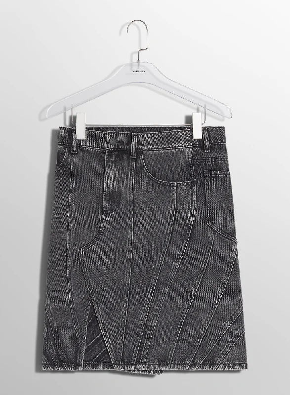 washed black spiral denim skirt