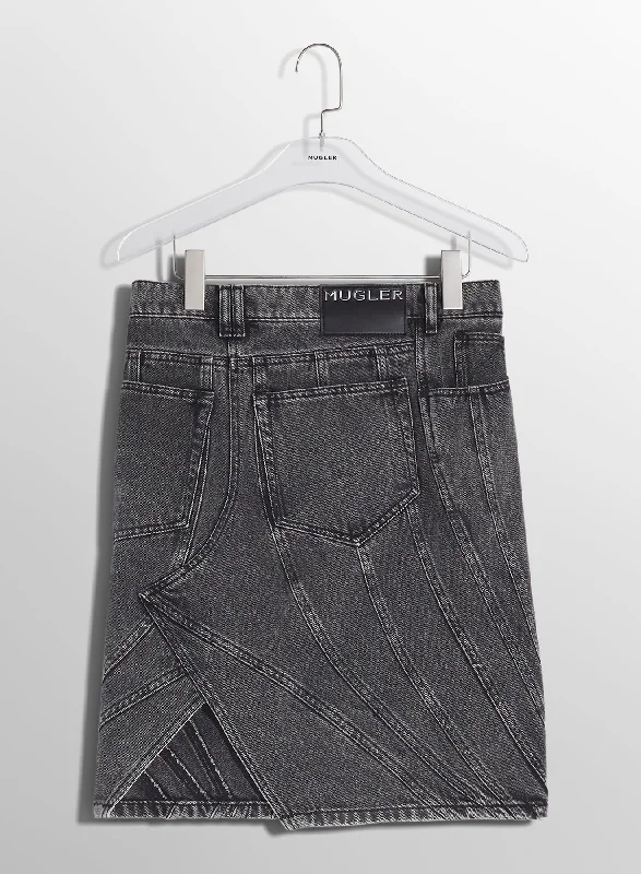 washed black spiral denim skirt