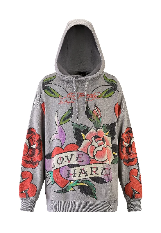 Womens Love Hard Graphic Relaxed Pouch Hoodie -  Grey