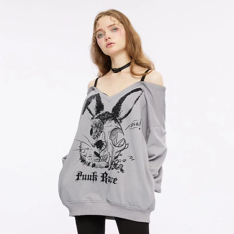 Women's Punk Off Shoulder Rabbit Printed Hoodie