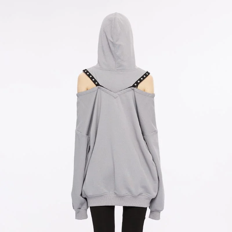 Women's Punk Off Shoulder Rabbit Printed Hoodie