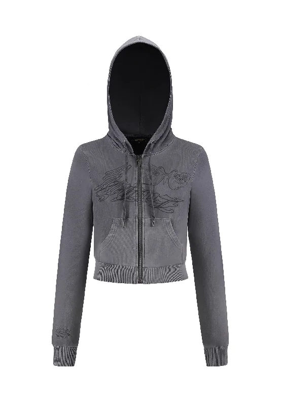 Womens Watchingfly Cropped Zip Thru Hoodie - Washed Grey