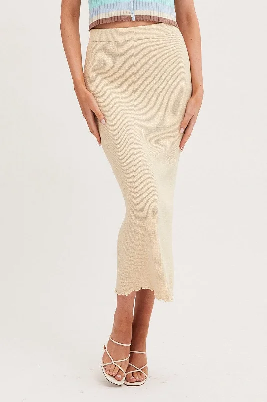 Beige Maxi Skirt Knit High Waist