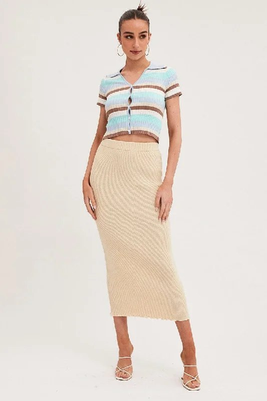 Beige Maxi Skirt Knit High Waist