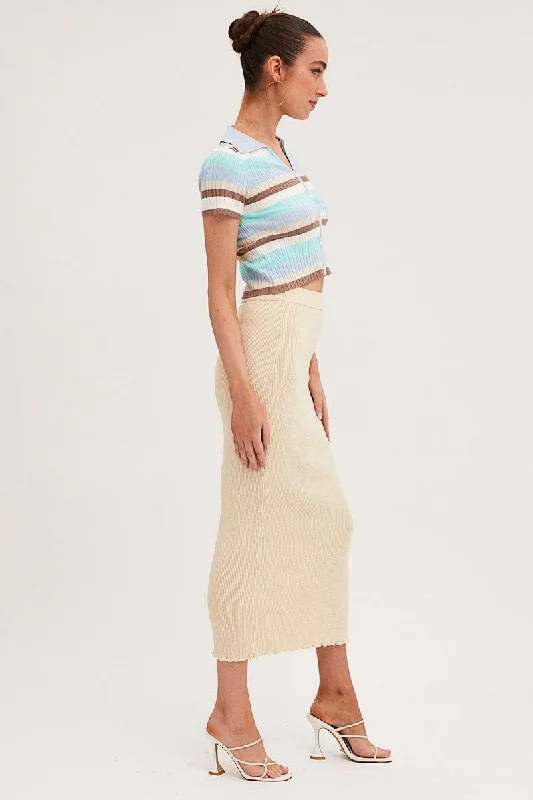 Beige Maxi Skirt Knit High Waist