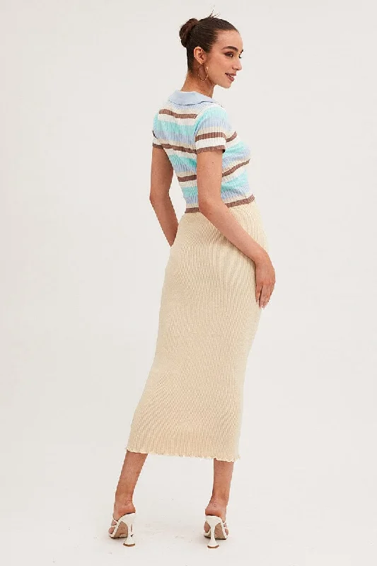 Beige Maxi Skirt Knit High Waist