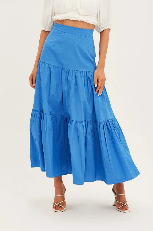 Blue Maxi Skirt High Rise Tiered