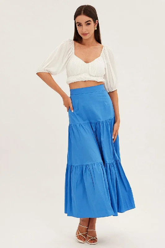 Blue Maxi Skirt High Rise Tiered