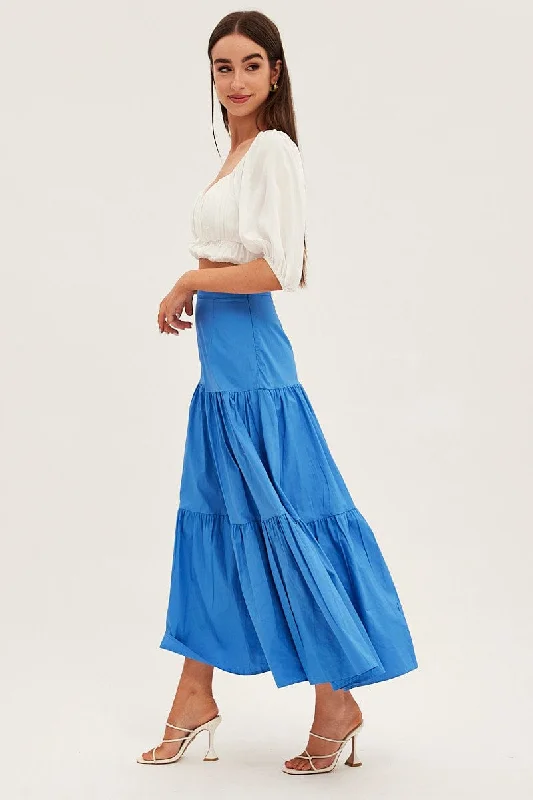 Blue Maxi Skirt High Rise Tiered