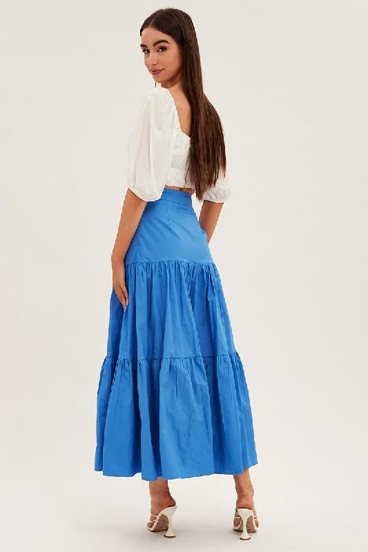 Blue Maxi Skirt High Rise Tiered