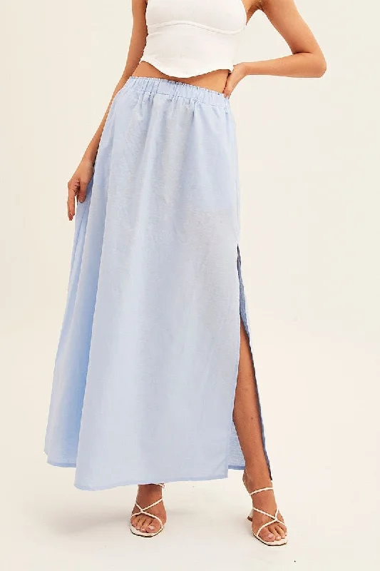 Blue Maxi Skirt Linen Blend Side Split