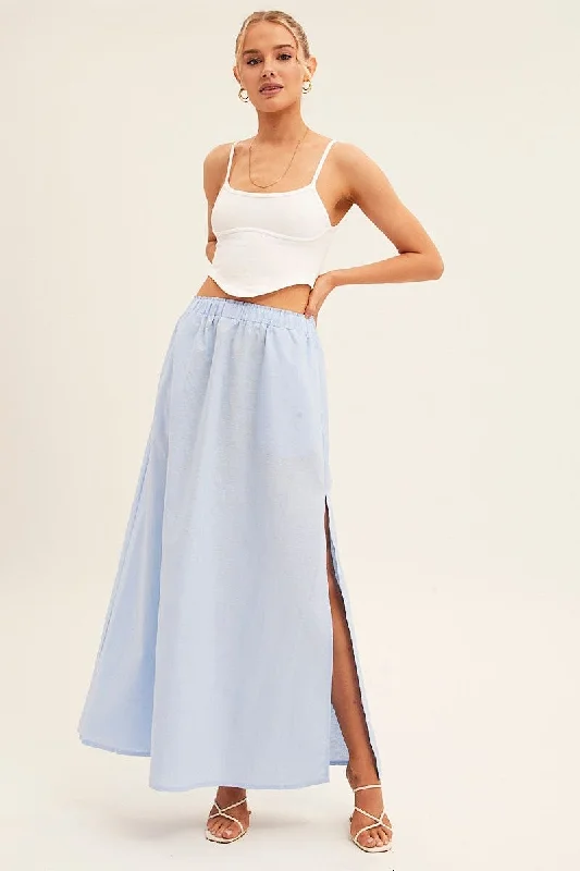 Blue Maxi Skirt Linen Blend Side Split