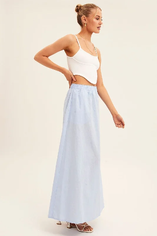 Blue Maxi Skirt Linen Blend Side Split