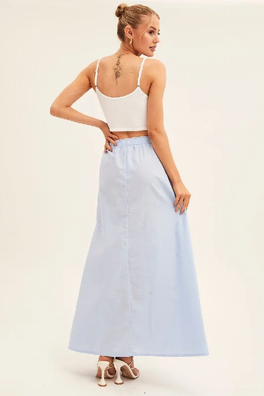 Blue Maxi Skirt Linen Blend Side Split