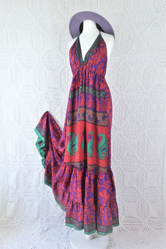 Cherry Maxi Dress - Vintage Indian Sari - Jade, Violet & Rouge Bold Block Print - Free Size