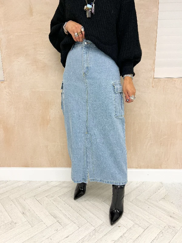 Utility Style Midi Skirt In Light Blue Denim