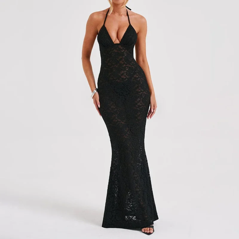 FashionSierra - See Through Backless Black Spaghetti Strap Sleeveless Club Party Long Maxi Dress