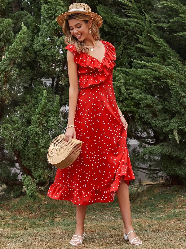 MegaBetty - New High-waist Ruffled Slim-fit Polka-dot Sleeveless Red Dress