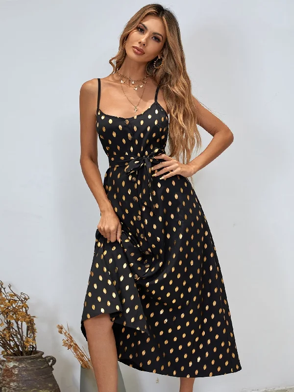 MegaBetty - Dots Print Self Waist Tie Cami Dress