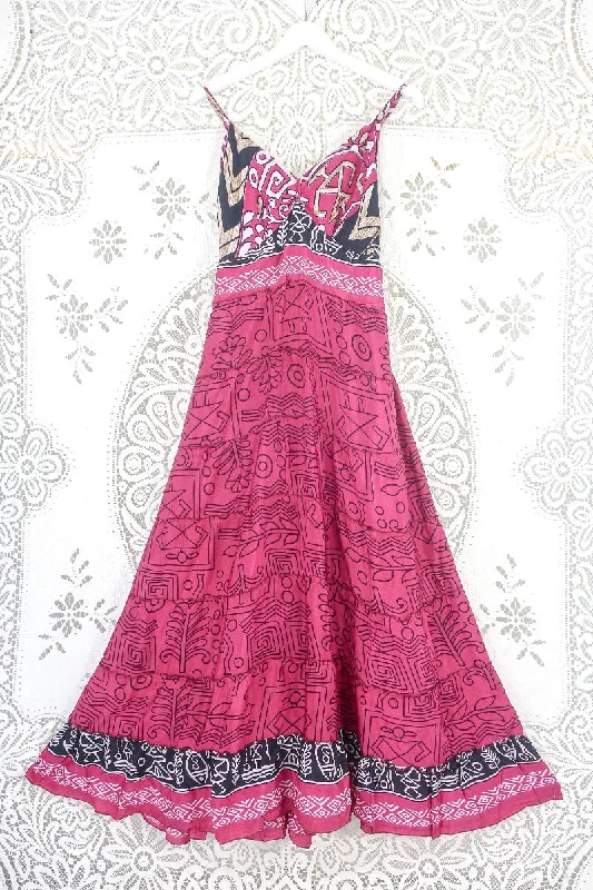 Delilah Maxi Dress - Blazing Pink & Black Graphic Print - Vintage Sari - Free Size M/L