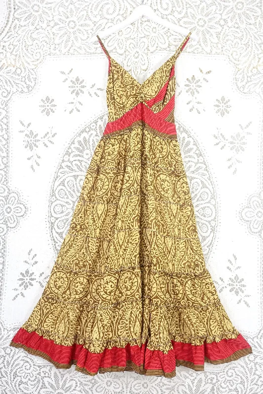 Delilah Maxi Dress - Daffodil Yellow & Wood Paisley - Vintage Sari - Free Size S