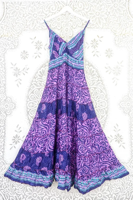 Delilah Maxi Dress - Midnight Violet & Lilac Shimmer - Vintage Sari - Free Size M/L