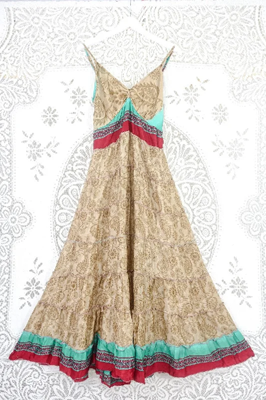 Delilah Maxi Dress - Sand & Seafoam Floral Paisley - Vintage Sari - Free Size L