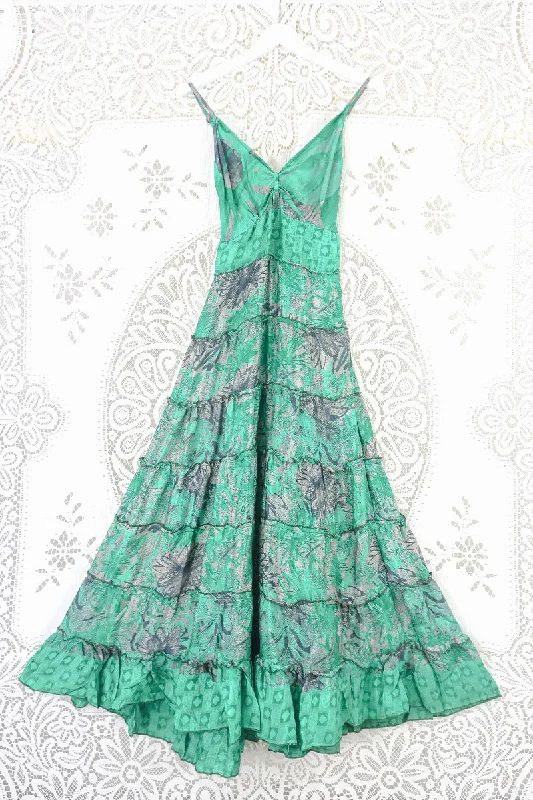 Delilah Maxi Dress - Seafoam Green & Slate Bold Floral - Vintage Sari - Free Size S