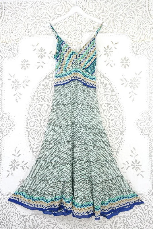 Delilah Maxi Dress - Spearmint & White Floral Motif - Vintage Sari - Free Size M/L