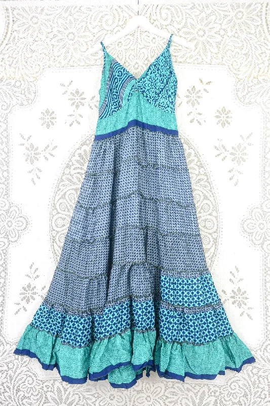 Delilah Maxi Dress - Spectral Grey & Turquoise Illusion - Vintage Sari - Free Size M/L