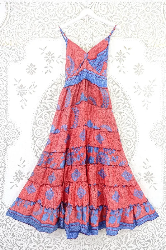 Delilah Maxi Dress - Sweet Red & Sky Blue - Vintage Sari - Free Size S