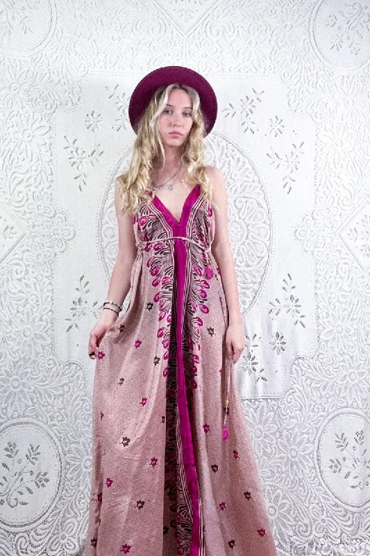 Eden Halter Maxi Dress - Vintage Sari - Dusty Rose Floral Tiles - Free Size S/M