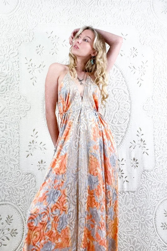 Eden Halter Maxi Dress - Vintage Sari - Peach Blush & Stone Jacquard - Free Size M/L