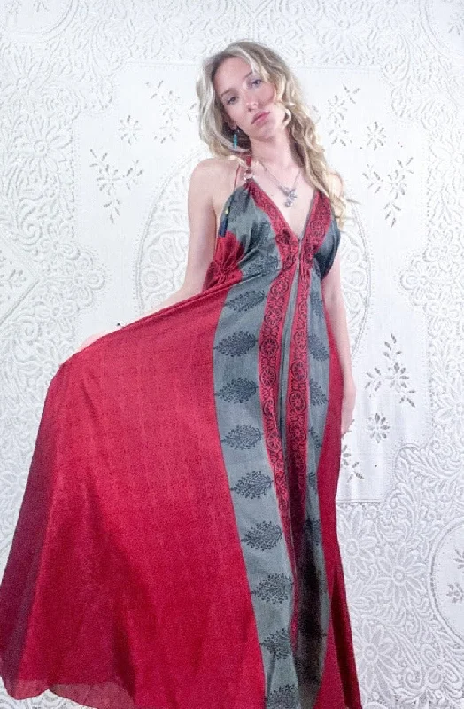 Eden Halter Maxi Dress - Vintage Sari - Sheer Ruby & Pewter Floral - Free Size S/M