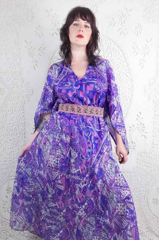 Goddess Dress - Amethyst Stained Glass Effect - Vintage Pure Silk - XS - M/L