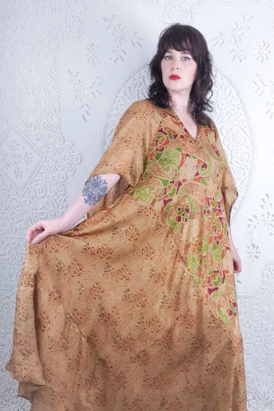 Goddess Dress - Antique Gold & Jewel Tone Abstract - Vintage Pure Silk - XS - M/L