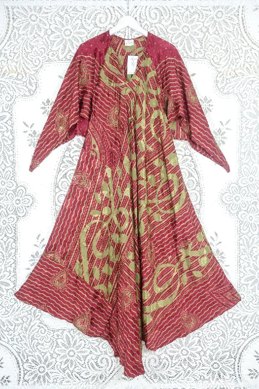 Goddess Dress - Cherry Red & Apple Paisley Jacquard - Vintage Sari - Size L