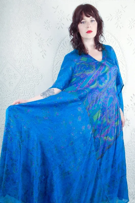 SALE Goddess Dress - Ocean Blue & Chartreuse Abstract - Vintage Pure Silk - XS - M/L